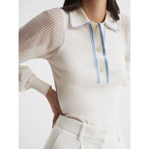 Siani Milano Pleated Mesh Sleeve Knit Polo Sweater Top Women S White Preppy Chic
